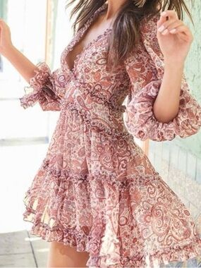 Venus Paisley Ruffle Open Back Mini Dress, Size 18